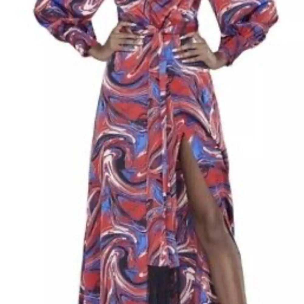 NWT Gabrielle Union x New York & co. Womens M Red Blue Marble-Print Maxi Dress